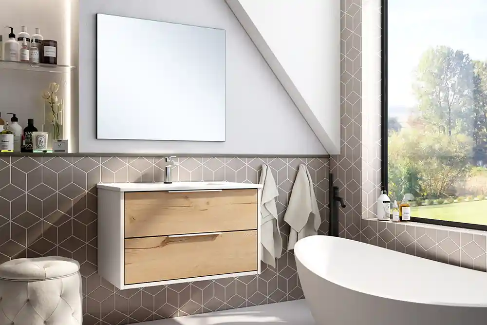 Meuble de salle de bains Duox 2 tiroirs L80 x H45 x P45 cm bois mélaminé blanc et bois - EGORE Bon Marché