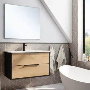 Meuble de salle de bains Duox 2 tiroirs L80 x H45 x P45 cm bois mélaminé noir et bois - EGORE Dernier Modèle