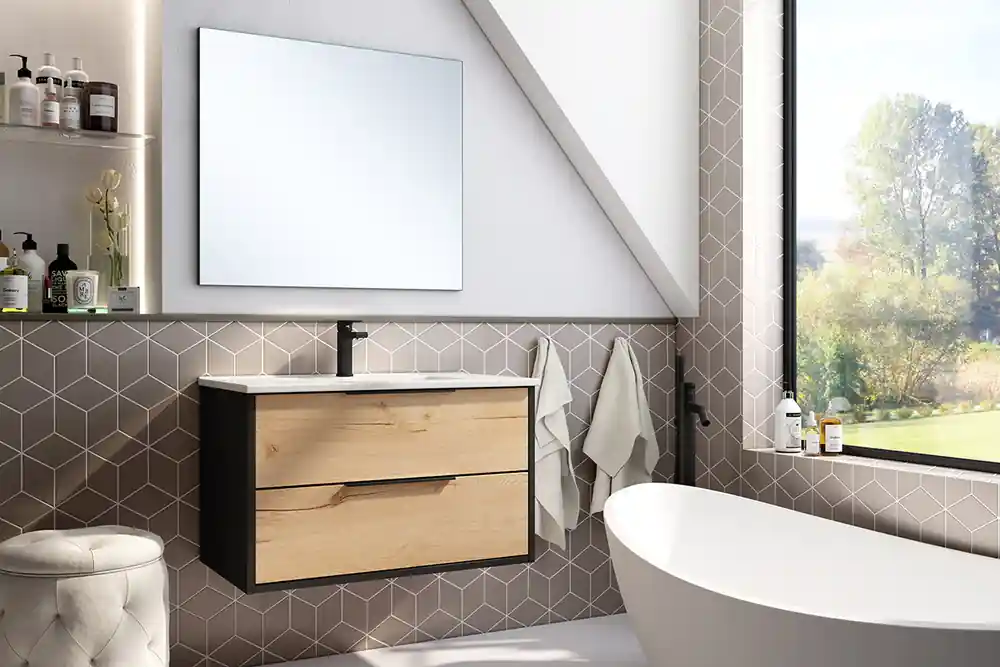 Meuble de salle de bains Duox 2 tiroirs L80 x H45 x P45 cm bois mélaminé noir et bois - EGORE Dernier Modèle