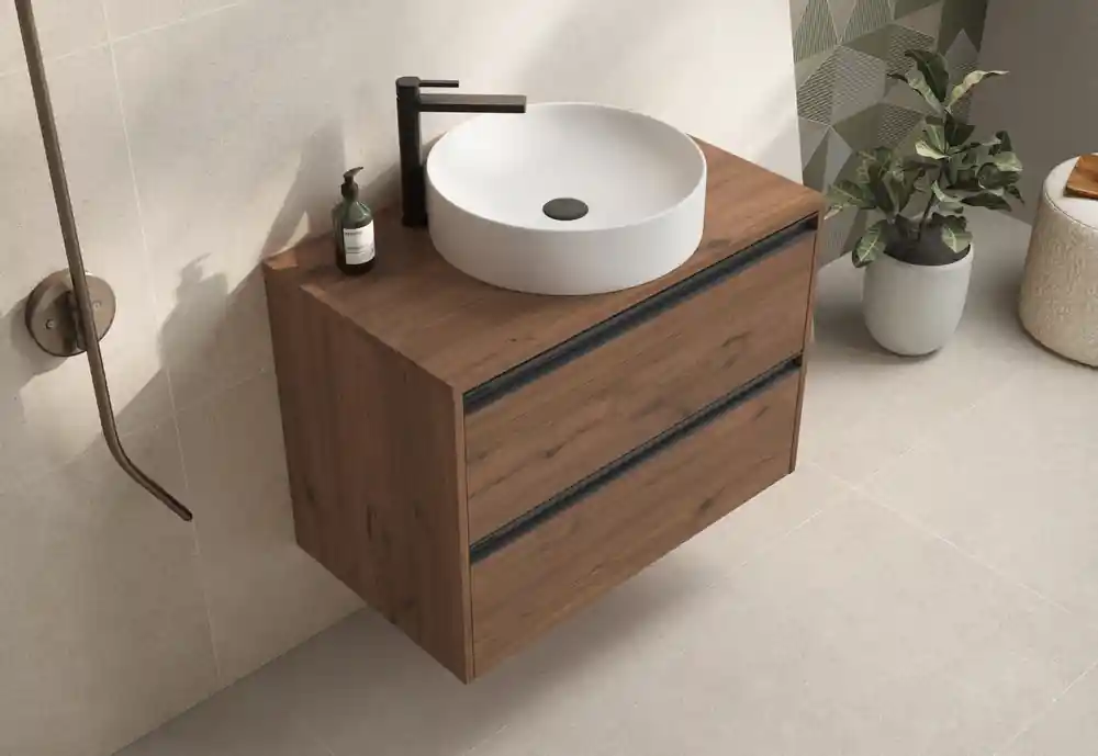 Prix Réduit Plateau de salle de bains Thana avec renfort L80 x H1,6 x P46 cm panneau de particules vieux chêne