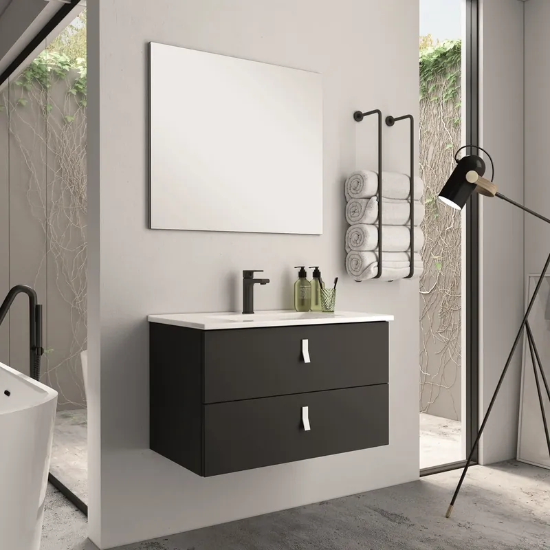 Meuble de salle de bains Kolor 2 tiroirs L60 x H60 x P45 cm bois mélaminé noir - EGORE Offre Du Jour