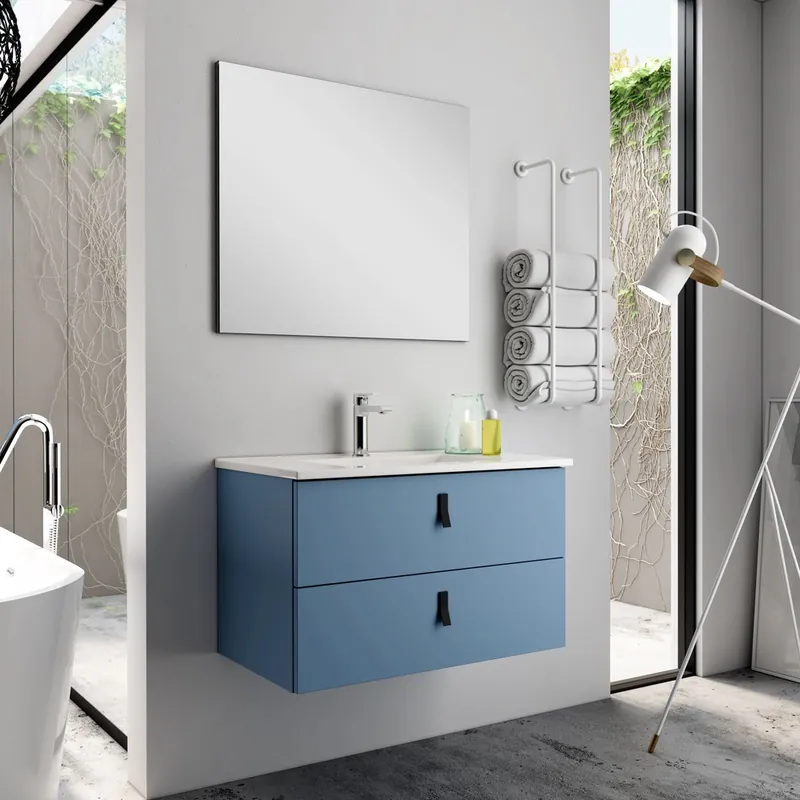 Pas Cher Meuble de salle de bains Kolor 2 tiroirs L80 x H60 x P45 cm bois mélaminé bleu - EGORE