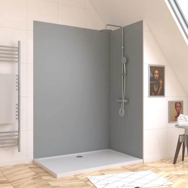 Nouvel Arrivage Panneaux muraux de douche aluminium silver 90 + 120 x 210 cm par 2 avec profilés de finition et angle chromé AURLANE