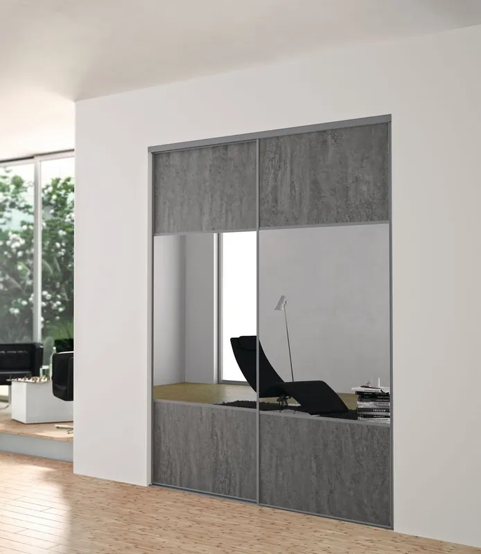 Dernière Chance Porte de placard coulissante partitionnée en 3 gris béton et profil gris H 2,50 m x L 0,914 m YKARIO