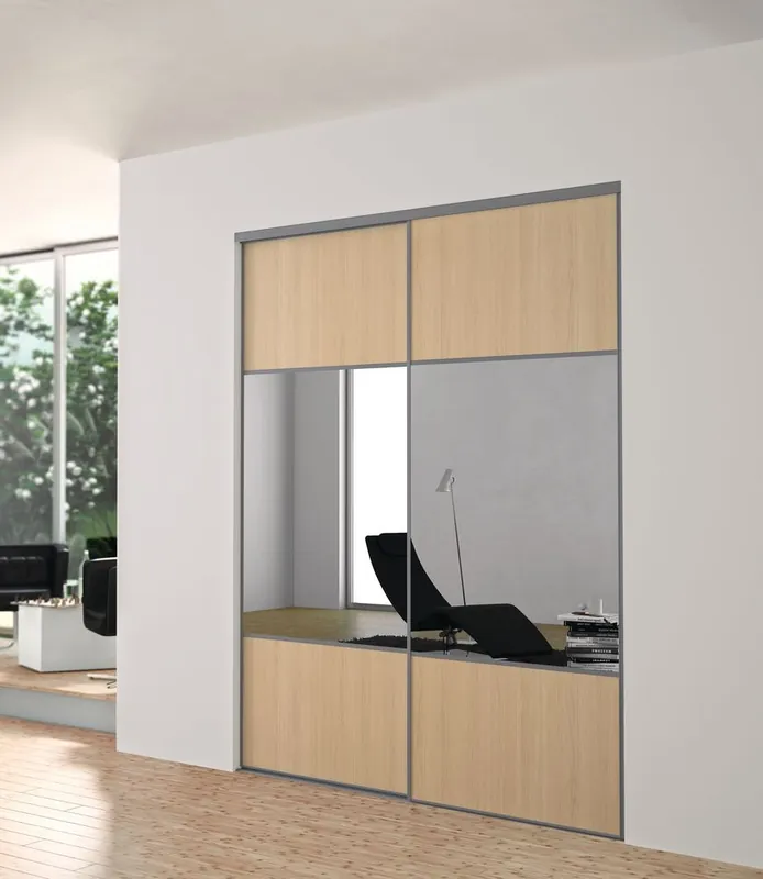 Commander Maintenant Porte de placard coulissante partitionnée en 3 chêne blond profil gris H 2,50 m x L 0,614 m YKARIO