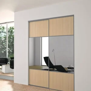 Offre Exclusive Porte de placard coulissante partitionnée en 3 chêne blond profil gris H 2,50 m x L 0,914 m YKARIO