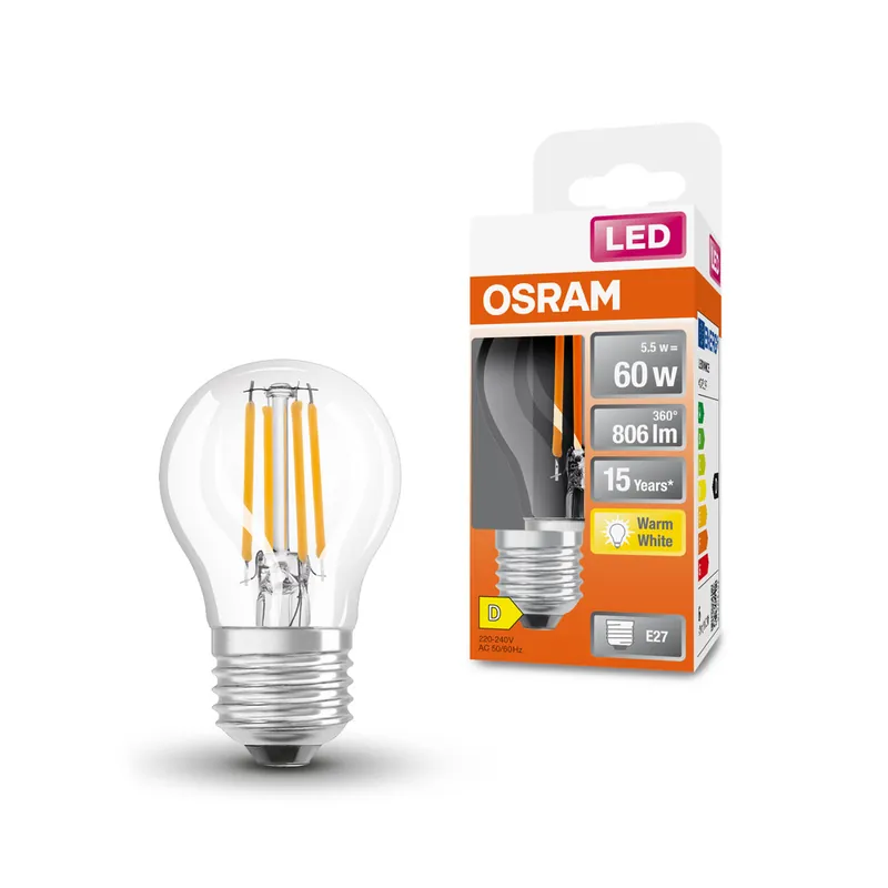 Commander Vite Ampoule LED Sphérique E27 Filament clair 5,5W=806 lumens Blanc chaud OSRAM