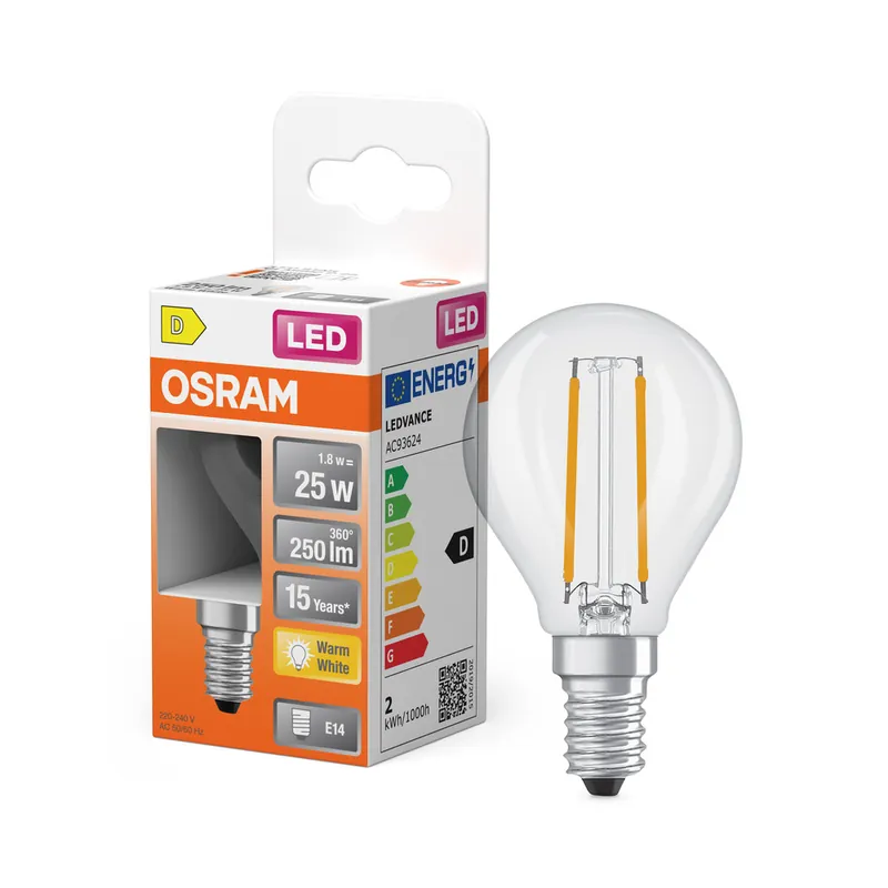 Offre Exclusive Ampoule LED Sphérique E14 Filament clair 2,5W=250 lumens Blanc chaud OSRAM