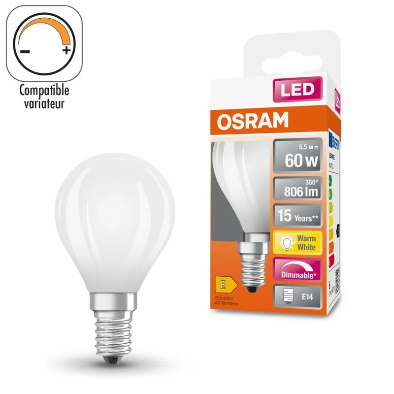 Prix Cassé Ampoule LED Sphérique E14 Dépolie variable 5,5W=806 lumens Blanc chaud OSRAM