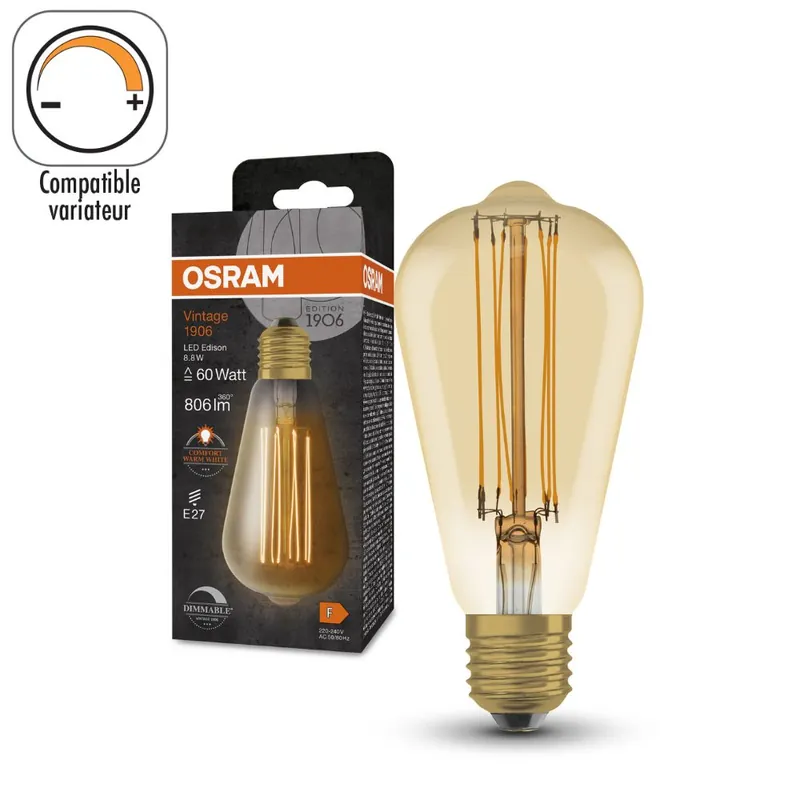 Prix Bas Ampoule LED Forme ST64 E27 Ambrée variable 8,8W=806 lumens Blanc chaud OSRAM