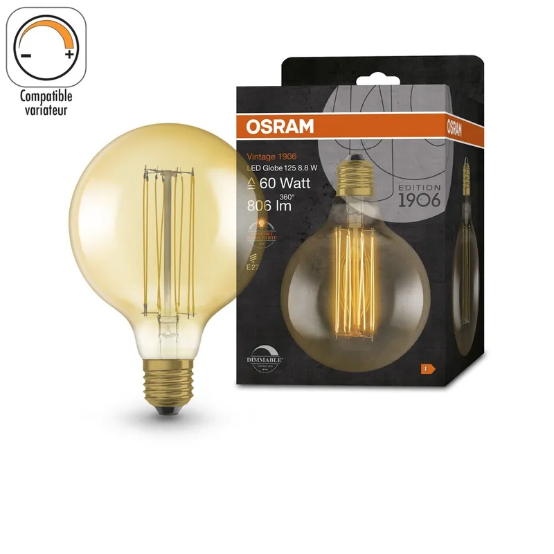 Vente Flash Ampoule LED Globe E27 Ambrée variable 8,8W=806 lm Blanc chaud OSRAM