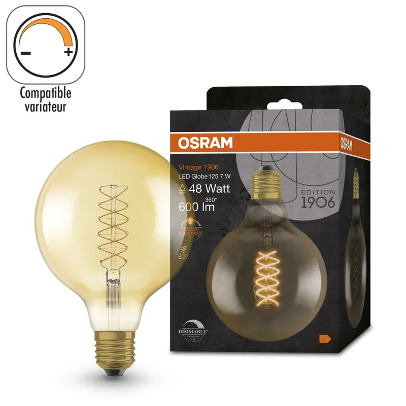 Ampoule LED Globe E27 Ambrée variable 7W=600 lumens Blanc chaud OSRAM Commande En Gros