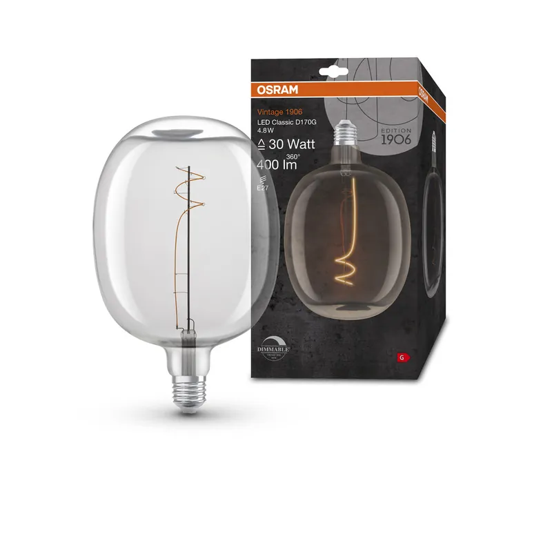 Ampoule LED Ballon E27 Filament clair variable 4,8W=400 lumens Blanc chaud OSRAM Vente Directe