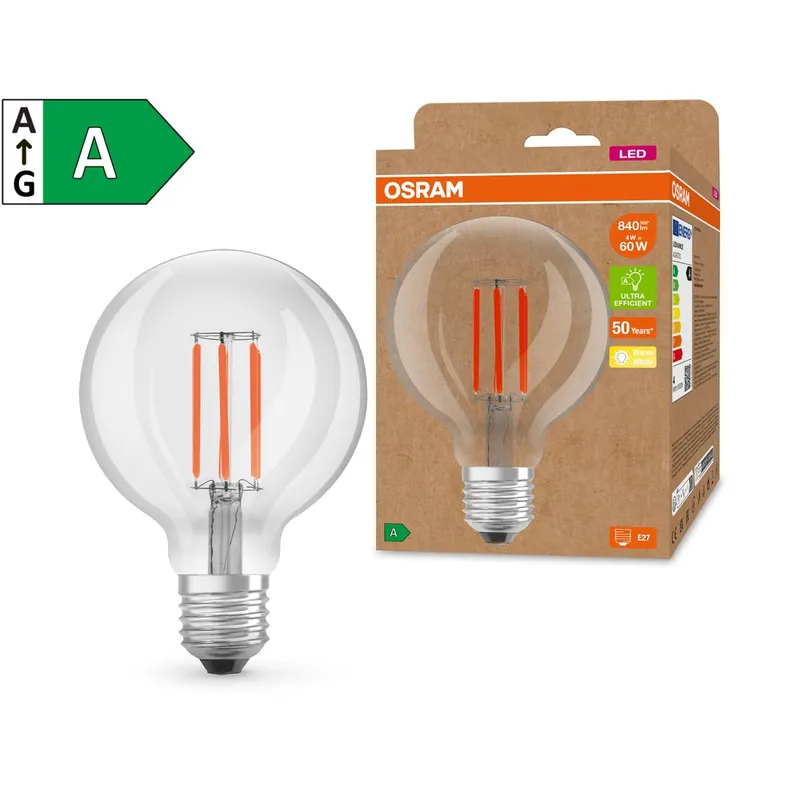 Ampoule LED Globe E27 Filament clair 3,8W=806 lumens Blanc chaud Classe A OSRAM Achetez Aujourd'hui