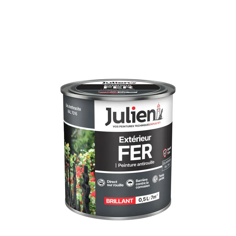 Promotion Saisonnière Peinture fer antirouille gris anthracite RAL 7016 brillant 500 ml JULIEN
