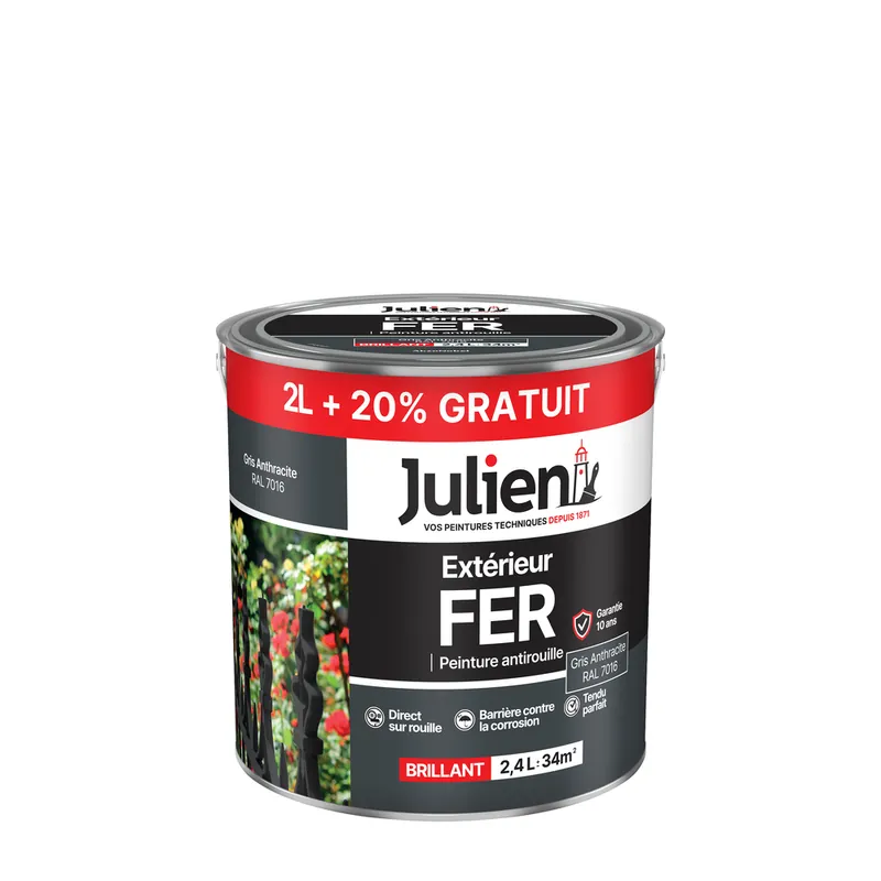Nouvel Arrivage Peinture fer antirouille gris anthracite RAL 7016 brillant 2 l + 20 % gratuit JULIEN
