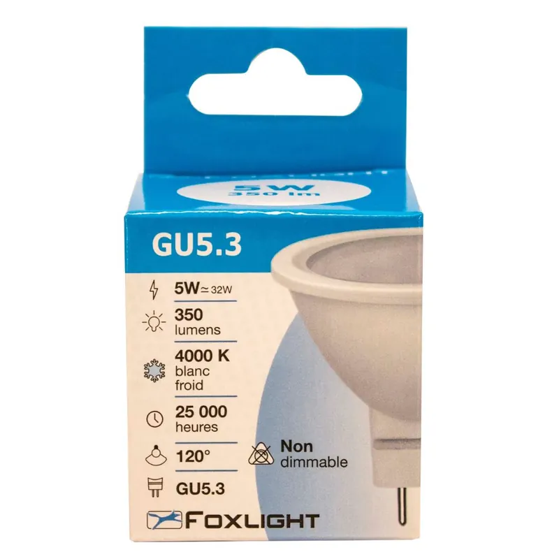 Ampoule GU5.3 12V 120° 350 lumens blanc neutre FOXLIGHT Prix Choc