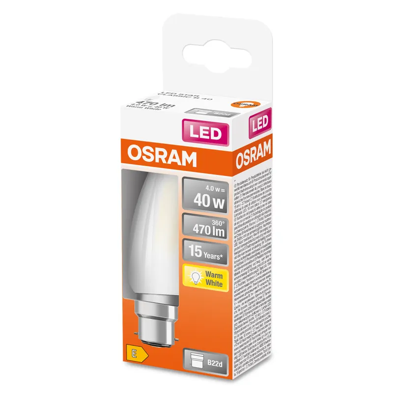 Nouvel Arrivage Ampoule LED B22 dépolie flamme 4 W = 470 lumens blanc chaud - OSRAM