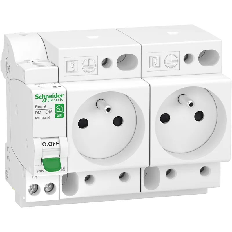 Disjoncteur divisionnaire 16A courbe C 3kA embrochable + 2 prises - Resi9 XE SCHNEIDER ELECTRIC Offre Exclusive