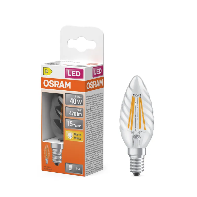 Ampoule LED E14 flamme torsadée à filament 4 W = 470 lumens blanc chaud OSRAM Réduction