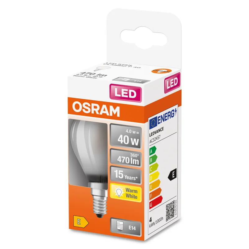 Ampoule LED E14 dépolie 4W=470 lumens blanc chaud OSRAM Soldes