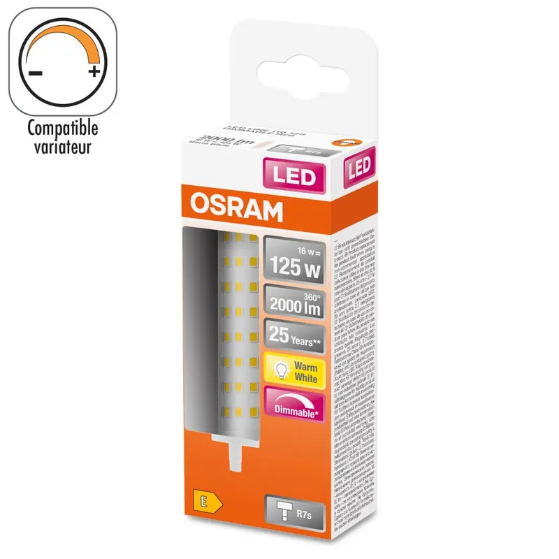 Commande En Gros Ampoule LED R7s variable 118 mm 15 W = 2000 lumens blanc chaud OSRAM