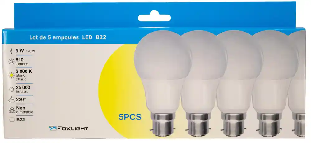 Remise Lot de 5 ampoules LED standard B22 9W = 810 lumens blanc chaud - FOXLIGHT