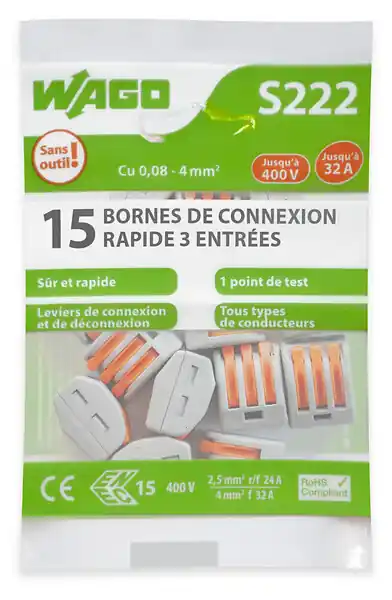 WAGO Sachet de 15 bornes de connexion automatique 3 entrées S222 Achat Immédiat