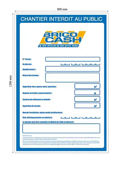 Panneau permis de construire - PVC - 120x80 cm Vente Directe