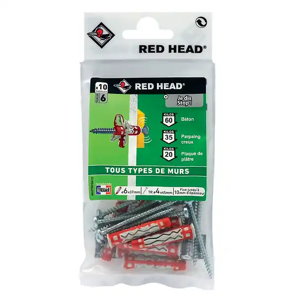 Sachet de 10 Mx D6x37mm + Vis TR D4x45mm RED HEAD Prix Réduit