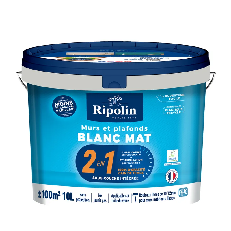 Quantité Limitée Peinture murs et plafonds 2 en 1 Blanc mat 10L - RIPOLIN