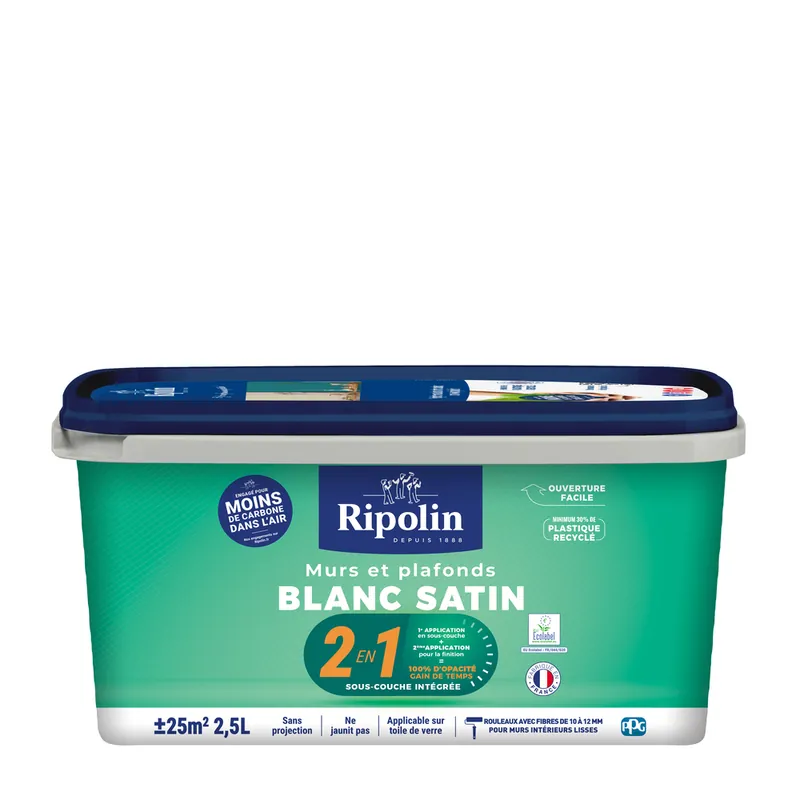 Peinture murs et plafonds 2 en 1 Blanc satin 2,5L - RIPOLIN Promotion