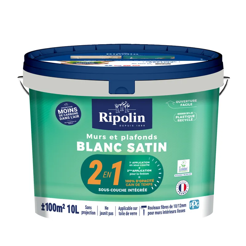 Vente Flash Peinture murs et plafonds 2 en 1 Blanc satin 10L - RIPOLIN