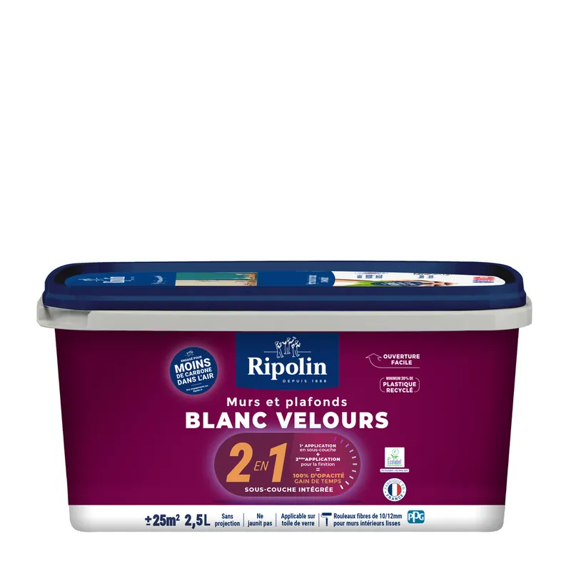 Peinture murs et plafonds 2 en 1 Blanc velours 2,5L - RIPOLIN Prix Cassé