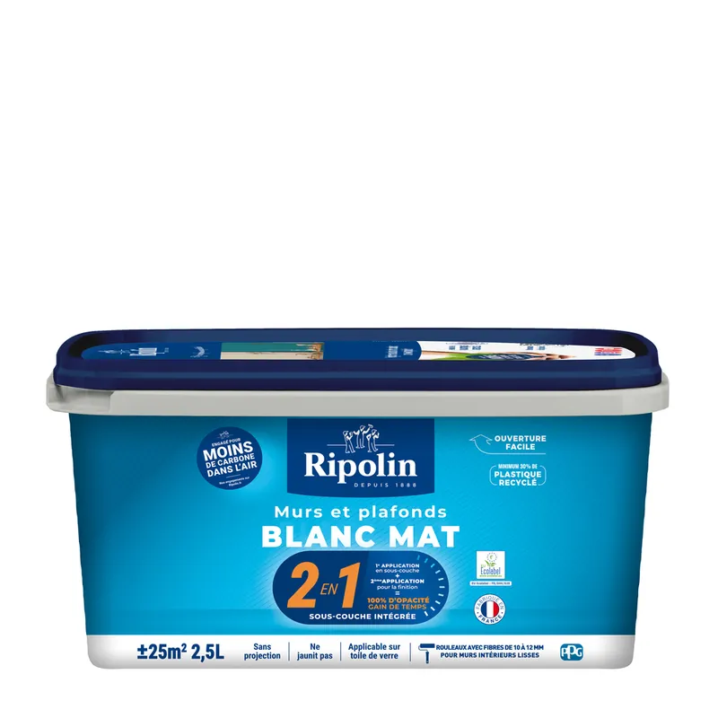 Peinture murs et plafonds 2 en 1 Blanc mat 2,5L - RIPOLIN Commander Vite
