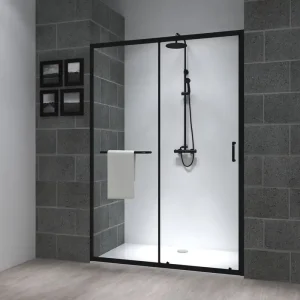 Commander Vite Porte de douche coulissante 140x195 cm profilé noir verre transparent 6 mm Serenity - OCEA