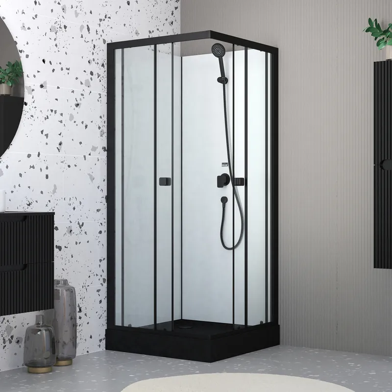 Cabine de douche profilé noir mat et receveur noir 80x80x200 cm Essentiel AURLANE Authentique