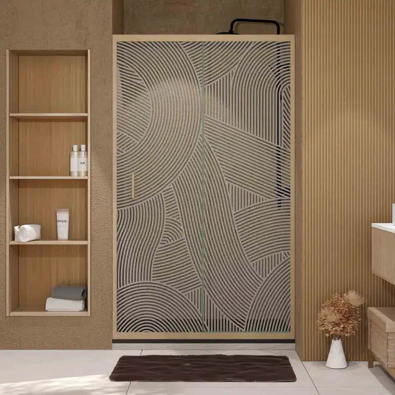 Solde Porte de douche coulissante 120x200 cm profilé bois verre sérigraphié 6 mm Japandi - AURLANE