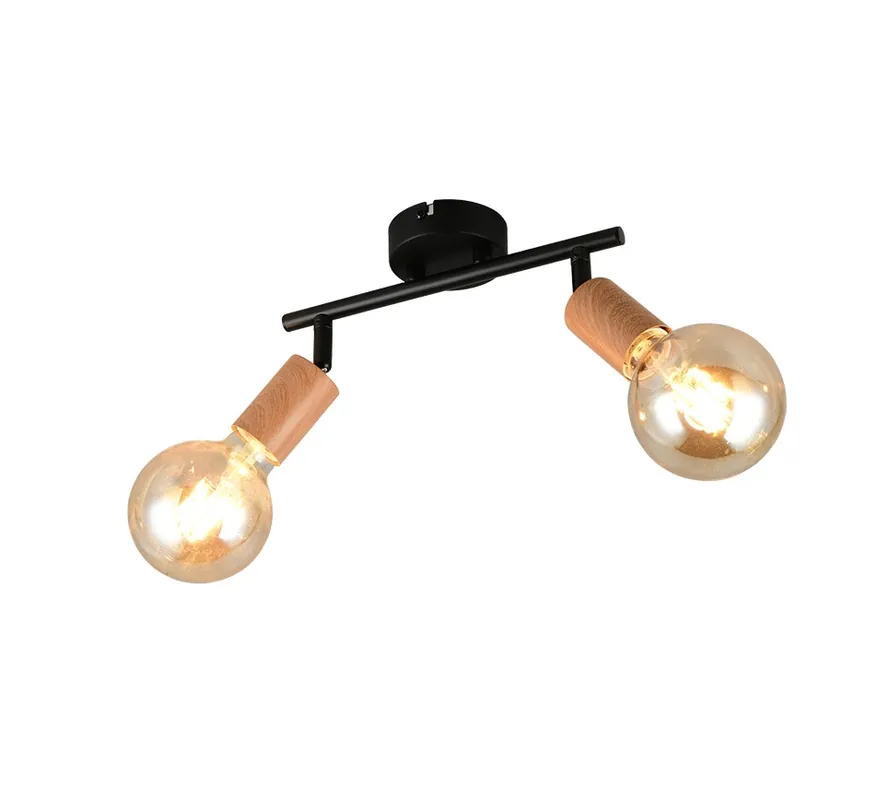 Réglette 2 spots E27 Lamego noir et bois 2x10W - REALITY Pas Cher
