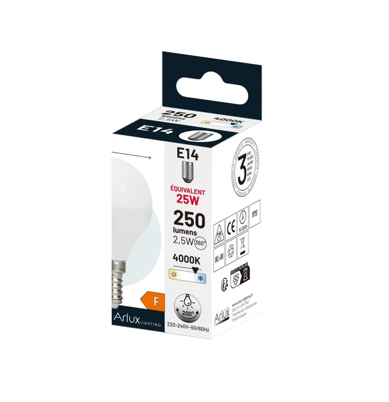 Ampoule LED E14 sphérique 2,5W = 250 lumens blanc neutre - ARLUX Offre Limitée