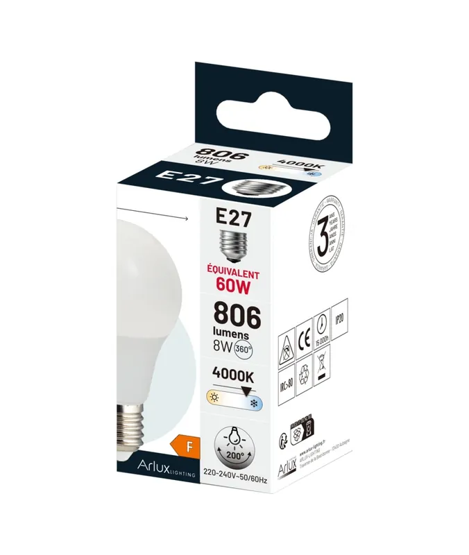 Ampoule LED SMD E27 8W = 806 lumens blanc neutre - ARLUX Achat Immédiat