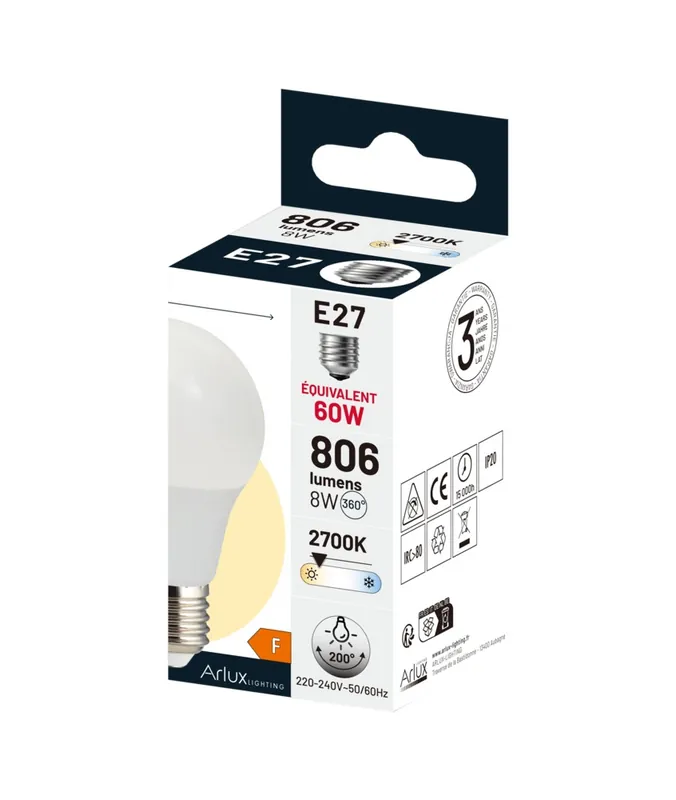 Ampoule LED SMD E27 8W = 806 lumens blanc chaud - ARLUX Acheter En Ligne
