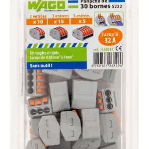 Achetez Aujourd'hui WAGO Sachet 30 Bornes (10X2E+15X3E+5X5E) S222 connexion automatique Blibox