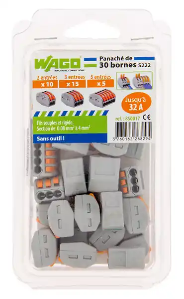 Achetez Aujourd'hui WAGO Sachet 30 Bornes (10X2E+15X3E+5X5E) S222 connexion automatique Blibox
