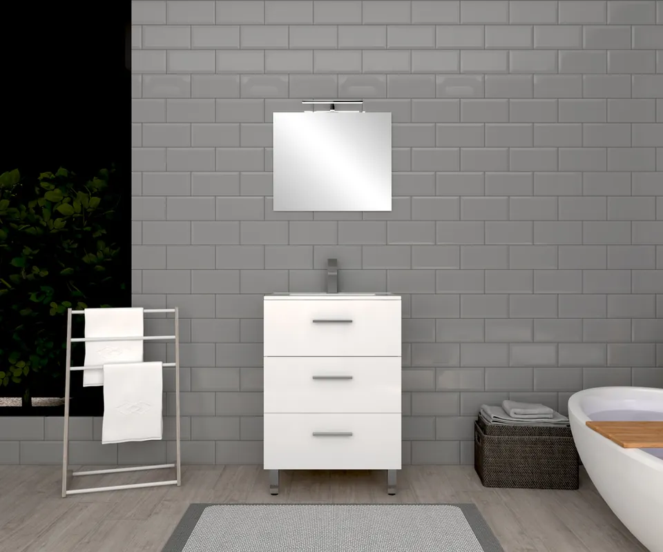 Achat Immédiat Meuble de salle de bains Volta 3 tiroirs L60 x H88 x P46 cm bois mélaminé blanc