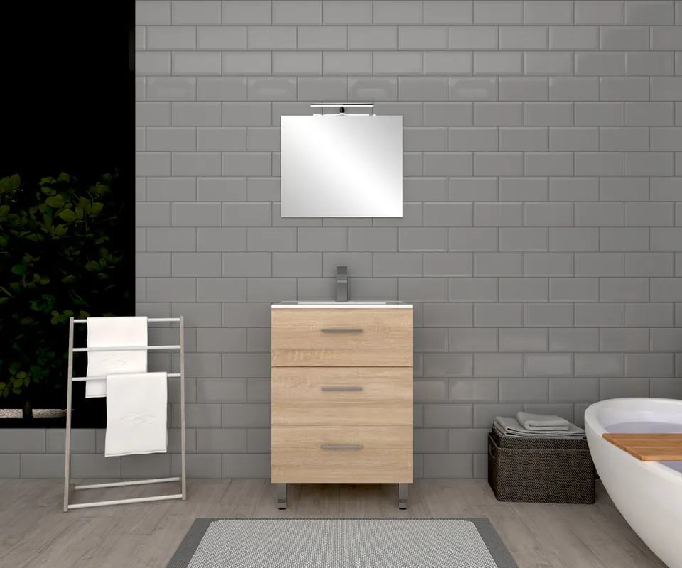 Meuble de salle de bains Volta 3 tiroirs L60 x H88 x P46 cm bois mélaminé couleur bois Bon Marché