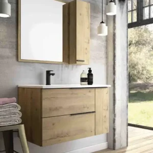 Achetez Aujourd'hui Meuble de salle de bains Reign + vasque centrée 2 tiroirs 1 porte L100 x H48 x P46 cm bois mélaminé chêne foncé - EGORE