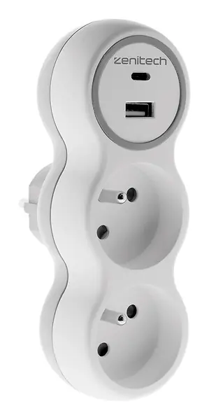 Biplite 16A + chargeur USB A/C - Blanc et gris - 3680W ZENITECH Seulement Aujourd'hui