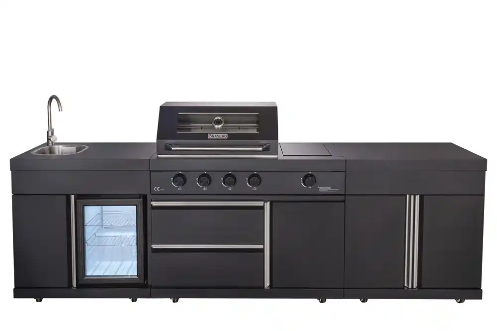 Promotion Cuisine d‘extérieure Athène S noire avec évier, réfrigérateur, plan de travail et barbecue - BRASERO