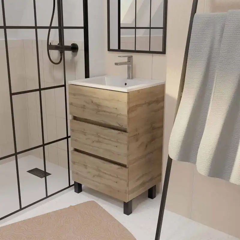 Produit De Marque Meuble de salle de bains Timber 3 tiroirs L50 x H81 x P40 cm MDF chêne naturel vasque blanche - AURLANE
